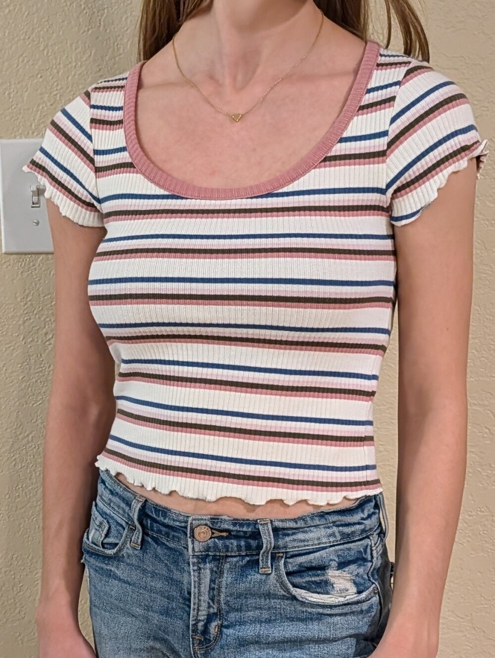 Abercrombie & Fitch Striped Ribbed Scoop Crop Top in Cream, Pink, Brown & Blue
